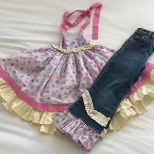 Girls 2pc Ruffle Jeans Adjustable Waist Halter Twirl Dress Set